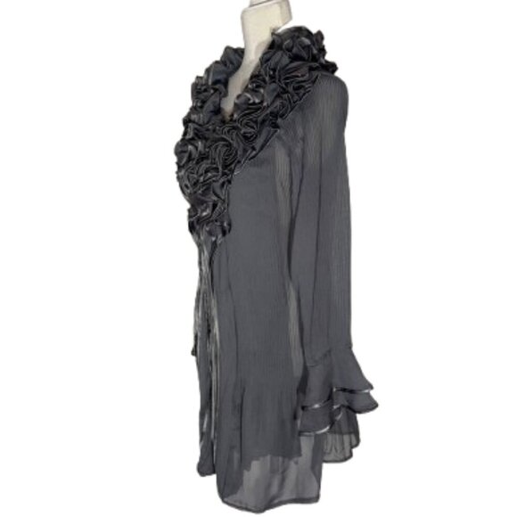 Pretty Angle Long Sleeve Button Up Gray Ruffle Silk Tunic - Small - Picture 3 of 9